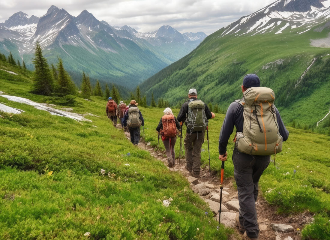 Guides and Outfitters Insurance - Mountain Hiking Guide Walking with a Small Group Along a Trail with Snow Capped Mountains in the Distance
